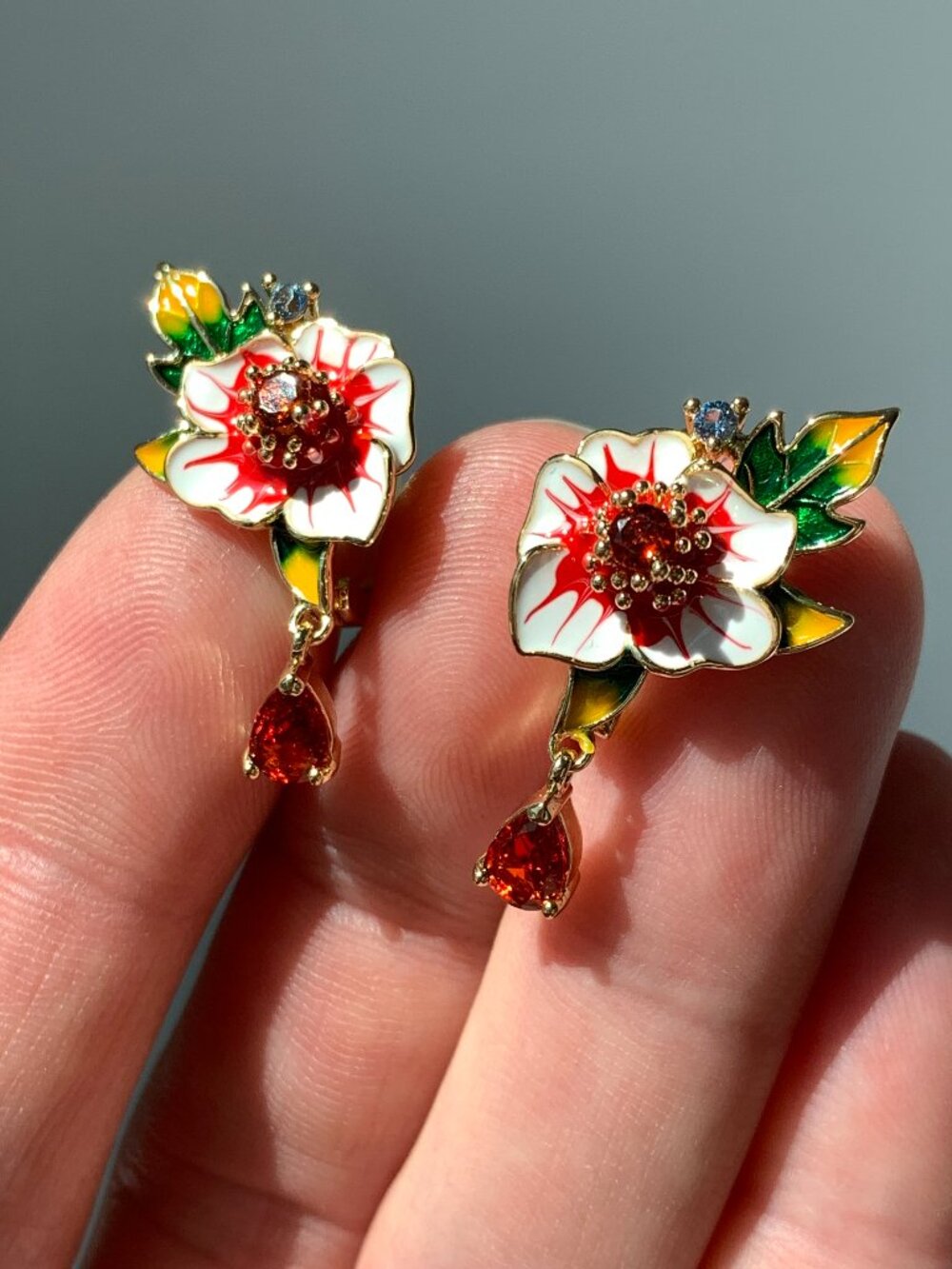 NEW ~ Anthropologie Enamel Flower Crystal Drop Lever Back Earrings - Picture 15 of 16
